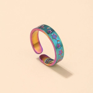 Rainbow plated stainless steel open ring with celestial star and moon patterns