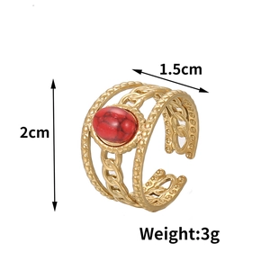 Detail view of a gold-plated snake chain ring with a large oval red stone and dimensions