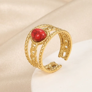 Gold plated stainless steel adjustable snake ring with oval red gemstone and chain design