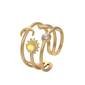 Detail showing gold-plated stainless steel snake ring with sun moon star and zircon gemstone