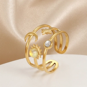 Gold plated stainless steel sun and moon open ring with iridescent opal and zircon stone