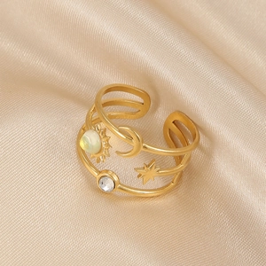 Close-up of gold-plated stainless steel snake ring with sun and moon opal details