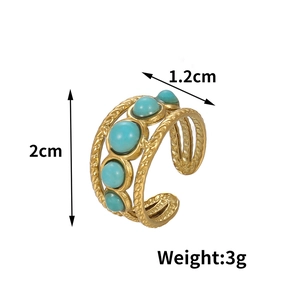 Detail of gold braided snake ring with five turquoise stones showing 2cm size dimensions