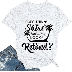 T-shirt blanc chiné avec slogan humoristique, palmiers et graphismes de boissons