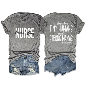 Detail of grey nurse t-shirt with tiny humans print and ripped denim shorts set