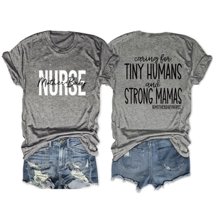 Flat lay of gray T-shirt with Nurse Mother Baby print and blue denim shorts set