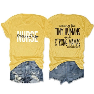 Flat lay of yellow cotton T-shirt with Nurse print and distressed denim shorts set