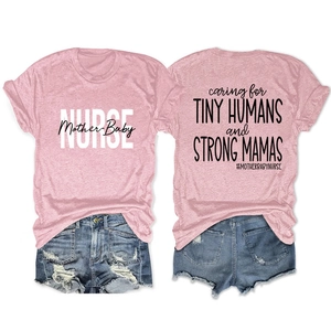 Detailed view of pink nurse t-shirt with Caring for Tiny Humans slogan on the back