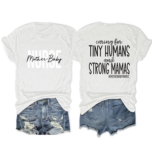 Front and back view of white cotton T-shirt with 'caring for tiny humans' slogan