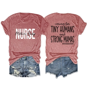Women's casual t-shirt and ripped denim shorts set with Caring for Tiny Humans print