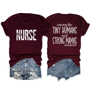 Detail of burgundy nurse t-shirt with dual-side print paired with denim shorts
