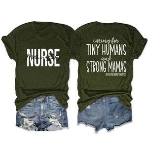 Front and back view of dark green t-shirt with Nurse and Mother Baby printing
