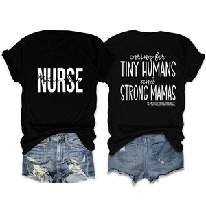 Detail of nurse t-shirt showing double-sided slogan print and soft cotton texture