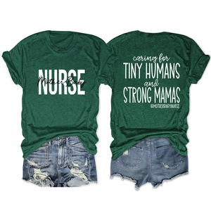 Detail view of cotton t-shirt with nursing themed graphic and denim shorts set