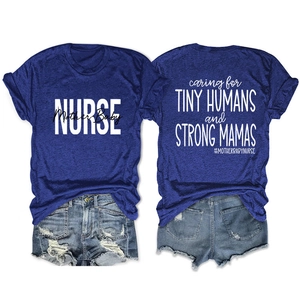 Front and back detail of blue 'Nurse' t-shirt with Mother Baby slogan print