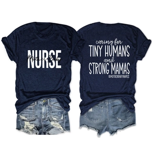 Detailed front and back view of navy nurse t-shirt with Mother Baby Nurse typography