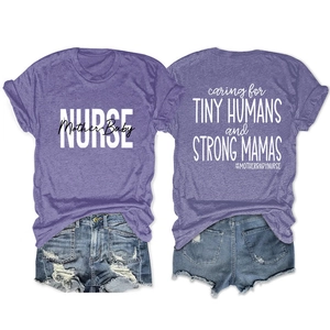 Detail view of purple T-shirt with Caring for Tiny Humans print and denim shorts