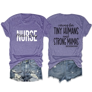 Women's purple nurse t-shirt with caring for tiny humans print and denim shorts set