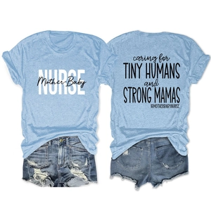 Flat lay of light blue T-shirt with Mother-Baby Nurse text and distressed denim shorts