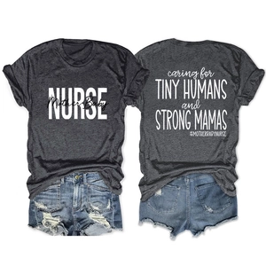 Nurse t-shirt with tiny humans print and denim shorts on white background