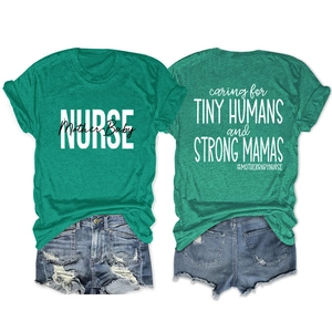 Detail of Caring for Tiny Humans print on a green nurse t-shirt with denim shorts