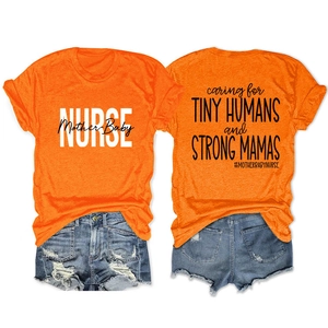 Flat lay of nurse slogan orange t-shirt and ripped denim shorts showing both sides