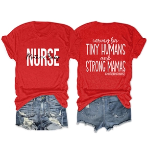 Detailed back view of red cotton T-shirt featuring caring for tiny humans nurse print