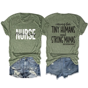 Detail of military green T-shirt featuring nurse and baby care prints on front and back