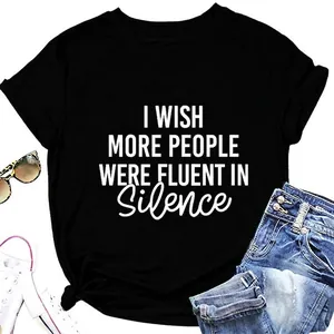 T-Shirt Décontracté en Mélange de Coton pour Femmes Imprimé Slogan Col Rond Manches Courtes Silence Graphic Tee Top