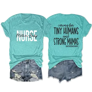 Women Graphic T-Shirt Cotton Blend Short Sleeve Round Neck Nurse Mother Baby Slogan Casual Summer Top