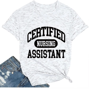 Flat lay of Certified Nursing Assistant t-shirt with front knot detail and denim shorts