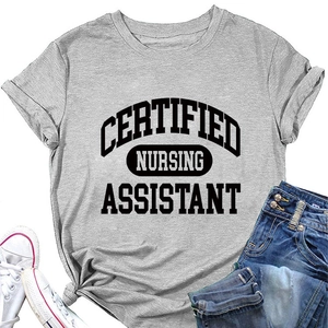 Flat lay of grey Certified Nursing Assistant T-shirt with jeans and white sneakers