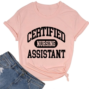Detail of pink Certified Nursing Assistant T-shirt with vintage font and side knot hem