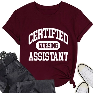 Detail of a burgundy T-shirt featuring a white Certified Nursing Assistant graphic print