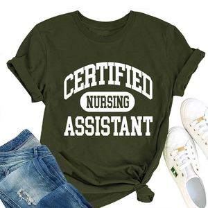 Flat lay of olive green Certified Nursing Assistant T-shirt with white lettering