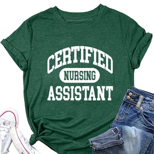 Flat lay of a dark green Certified Nursing Assistant T-shirt with casual shorts