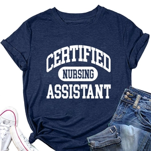 Detailed flat lay of a navy blue Certified Nursing Assistant t-shirt and denim jeans