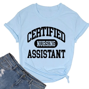 Detail of light blue Certified Nursing Assistant T-shirt with side knot and denim shorts