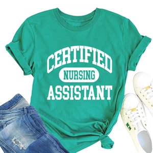 Detail of teal nursing assistant T-shirt with front knot styling and bold white text