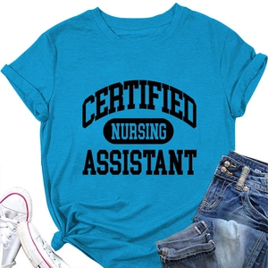 Flat lay of blue Certified Nursing Assistant T-shirt with casual denim and sneakers