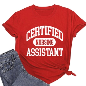 Detail of red nursing assistant T-shirt featuring white text print and stylish front knot