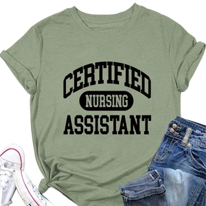 Flat lay of sage green Certified Nursing Assistant t-shirt with rolled sleeves and knot