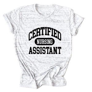 Close-up of Heather White knit T-shirt featuring bold Certified Nursing Assistant print