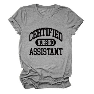 Close-up of Certified Nursing Assistant print on dark grey cotton blend t-shirt
