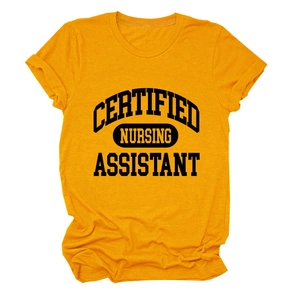 Detail of ginger yellow Certified Nursing Assistant t-shirt with soft knit texture