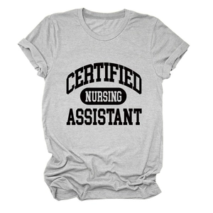 Detail of grey Certified Nursing Assistant printed t-shirt showing fabric texture