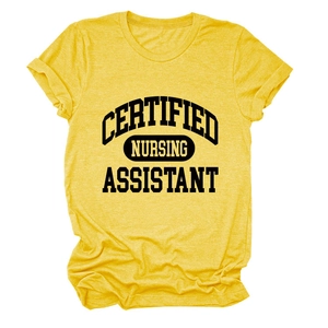 Detail of soft heather yellow T-shirt with Certified Nursing Assistant print