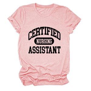 Detailed shot of pink short sleeve T-shirt with black Certified Nursing Assistant print