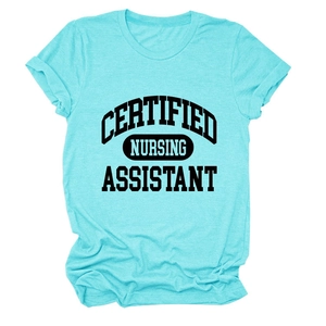 Macro shot of turquoise V-neck T-shirt with black Certified Nursing Assistant text