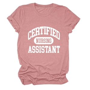 Close-up of Certified Nursing Assistant print on vintage pink cotton blend t-shirt